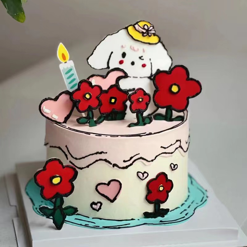 线条小狗小兔子烘焙装扮插牌