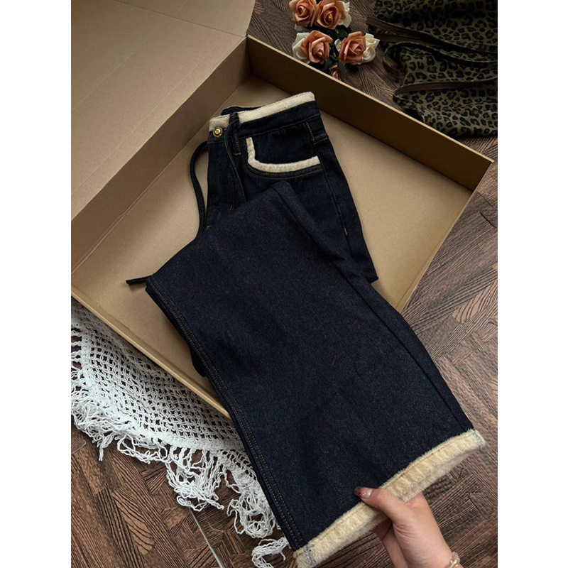 复古加绒加厚直筒牛仔裤女冬季大码胖mm设计感高腰宽松显瘦阔腿裤