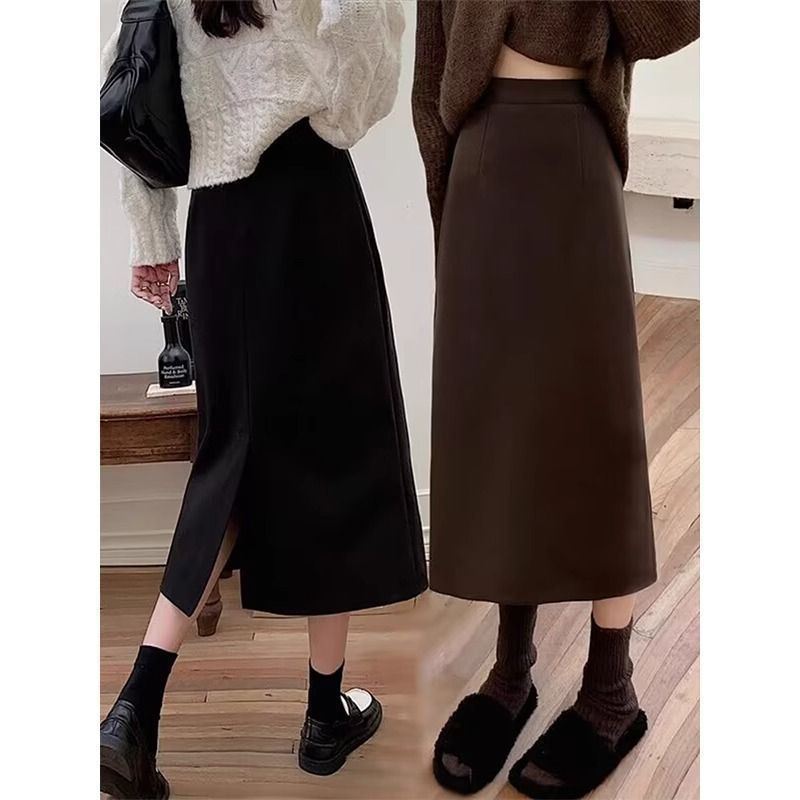 百搭毛呢长裙黑色2025春秋长款半身裙高腰显瘦包臀a字裙高级感