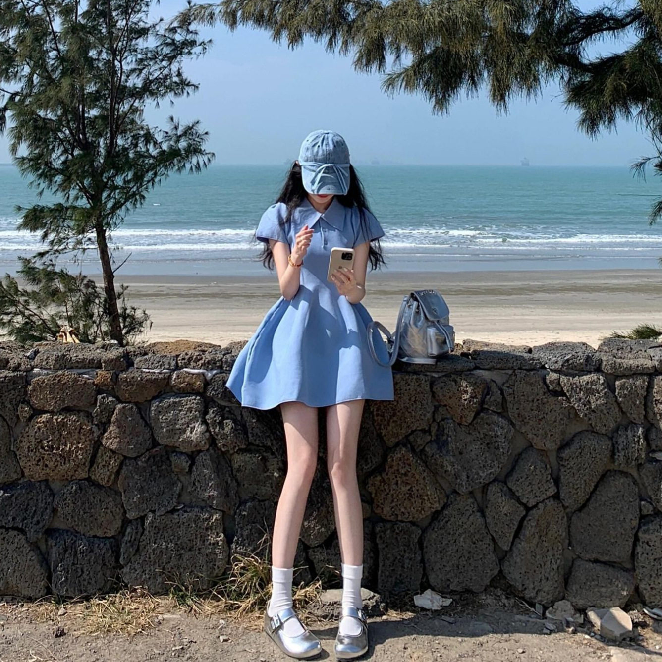 蓝色polo领连衣裙女2026新款夏季法式收腰显瘦气质a字蓬蓬短裙子