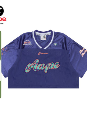 Aape女装春夏猿人徽章字母刺绣V领网面短款宽松薄短袖T恤1505XXM