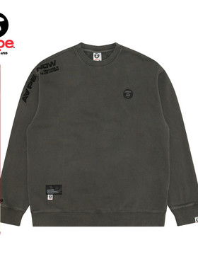 Aape男装秋冬猿人徽章字母刺绣水洗做旧休闲薄绒圆领卫衣A307XXN