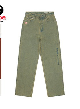 Aape旗舰店女装春秋猿人刺绣水洗做旧直筒牛仔长裤C622XAN