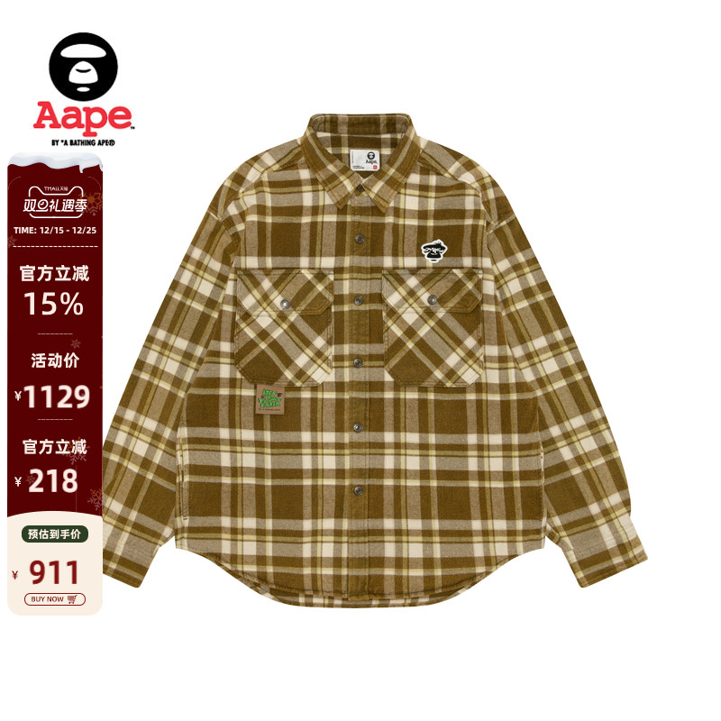 Aape徽章绒面复古格纹翻领衬衫