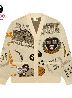 Aape旗舰店男装秋冬校园猿人提花复古毛衣针织开衫外套C394XXP