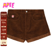 热裤 APEE女装 秋冬心型标签灯芯绒短裤 F171A5P