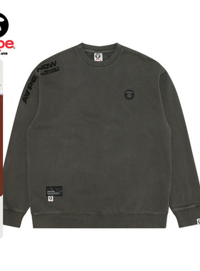 Aape男装秋冬猿人徽章字母刺绣水洗做旧休闲薄绒圆领卫衣A307XXN