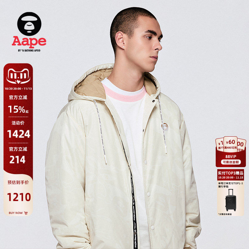 Aape旗舰店男装秋冬牙刷绣徽章连帽迷彩夹棉教练夹克外套7790XXR
