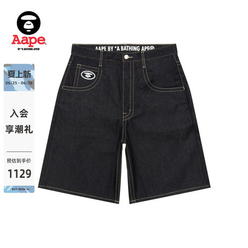 Aape春夏刺绣章水洗做旧牛仔短裤