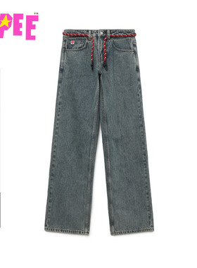 APEE女装秋冬心型标编织腰带水洗直筒牛仔裤F164A5P