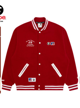 Aape联名RUSSELL男装秋冬美式复古红色薄绒棒球服卫衣外套9780XXP