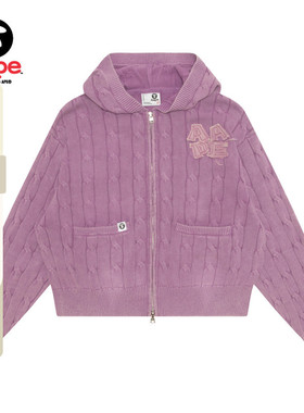 Aape旗舰店女装秋冬毛边字母徽章做旧麻花连帽针织外套D342XXP