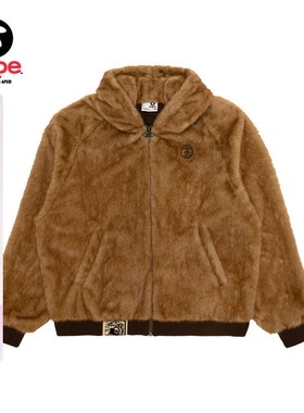 Aape旗舰店男装秋冬猿人徽章复古潮流毛绒连帽卫衣外套C398XXP