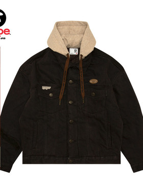 Aape旗舰店男装猿人字母刺绣潮流水洗做旧牛仔厚夹克7679XAN