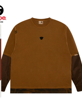 Aape旗舰店男装秋冬猿人刺绣拼接假两件长袖T恤1735XXP