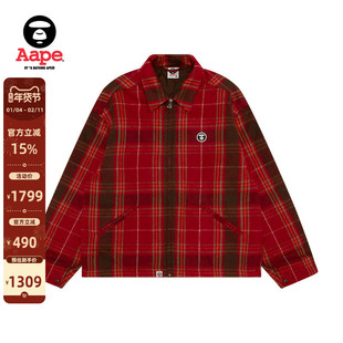 Aape旗舰店男装秋冬猿人徽章复古格纹休闲翻领夹克外套7733XXP