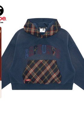 Aape旗舰店女装秋冬复古做旧拼接格纹美式薄绒连帽卫衣D330XXP