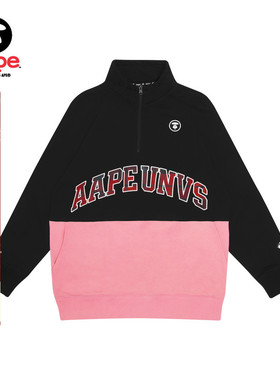 Aape女装春秋猿人徽章格纹字母印花撞色拼接半拉链卫衣3574XXD