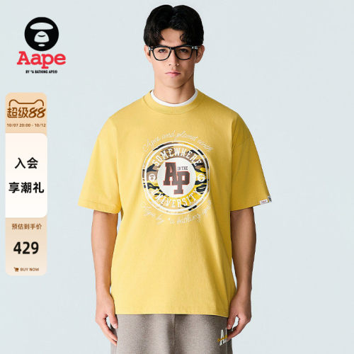 Aape老花猿人字母徽章印花T恤