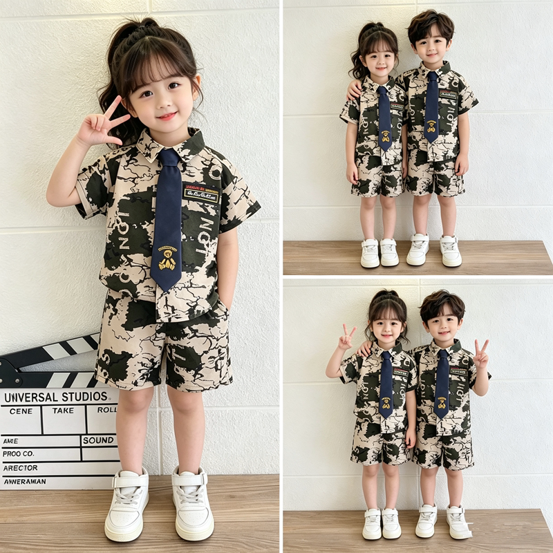 儿童演出服男女迷彩衬衫套装领带洋气痞帅两件套幼儿园园服两件套