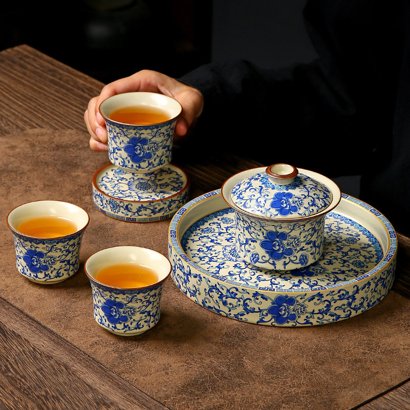 汝窑缠枝莲悬停旋转三才盖碗套组