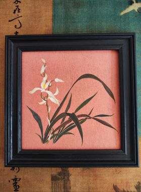 纯手绘兰花~客厅装饰画，古色古香~复古实木画框 进口楮皮软卡