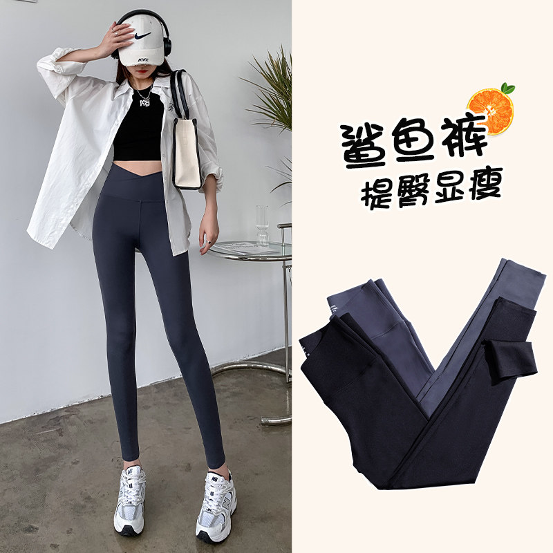 新款鲨鱼皮女士打底裤外穿高腰收腹显瘦弹力紧身裤大码运动瑜伽裤