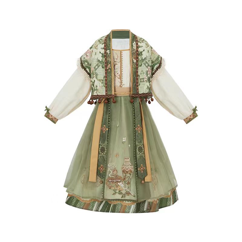 国风汉服女童2024新款绣花对襟外套中国风马甲裙包包古风三件套