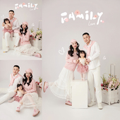 新款 甜美儿童摄影艺术写真照 亲子粉色大蝴蝶结一家三口礼服服装