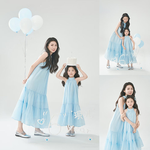 2025新款拍照亲子装母女小清新蓝