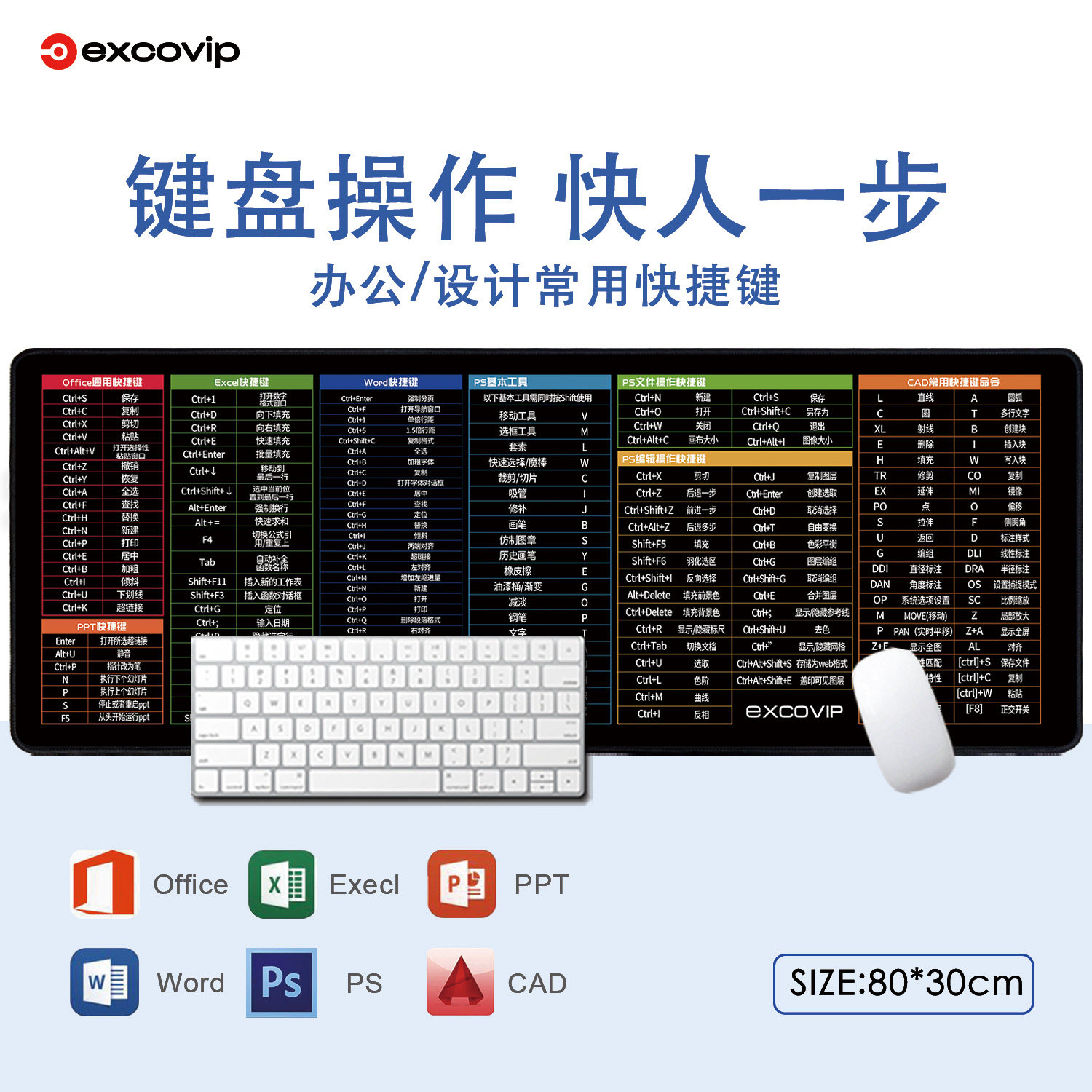 Office设计快捷键大全鼠标垫超大号 Excel/PS/CAD办公游戏笔记本