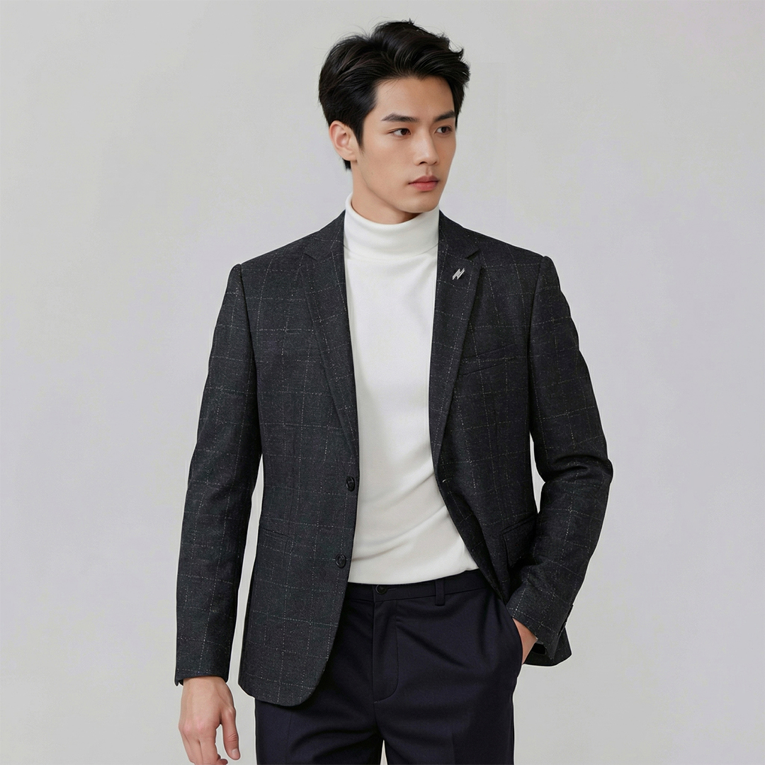 2026春季新款男士西陶上衣弹力格纹面料便西外套青年修身西服