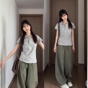 长裤 美式 宽松显瘦POLO领短袖 复古纯棉休闲运动服套装 两件套 女夏季