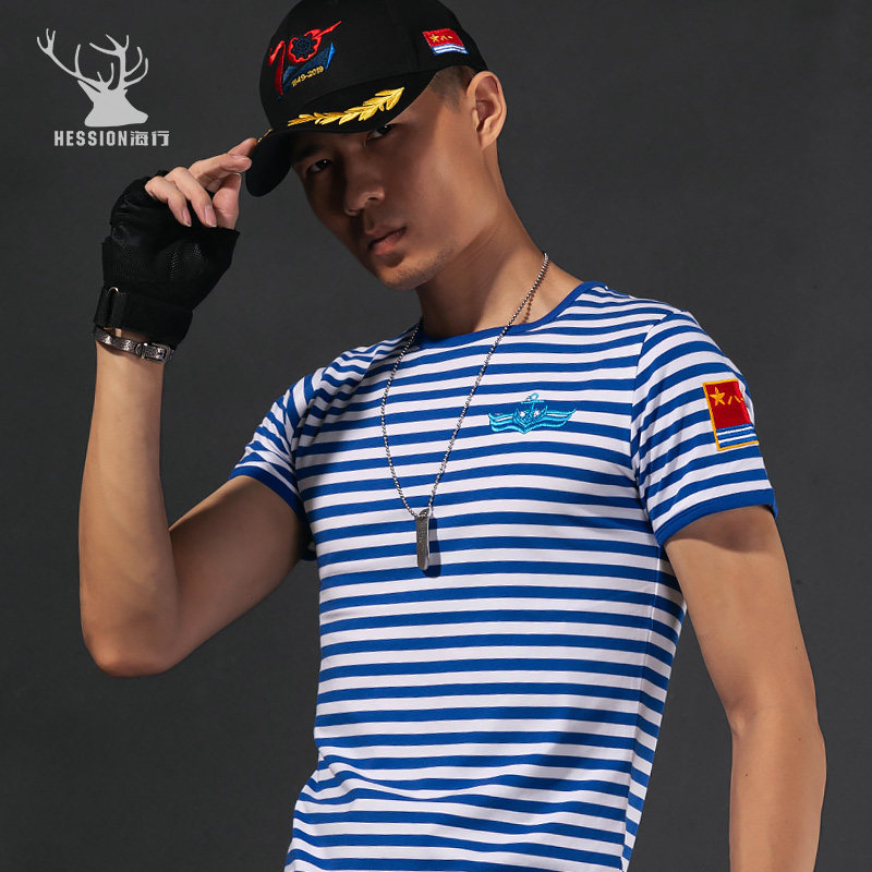 海军风男士刺绣海魂衫 蓝白条纹短袖水手服 八一军旗圆领定制T恤