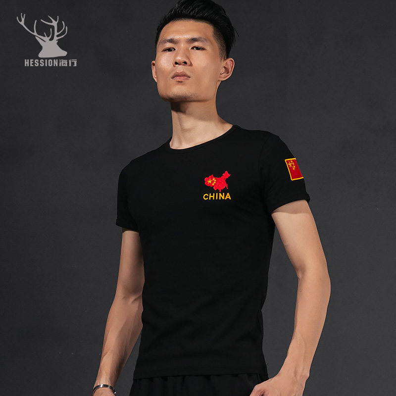 国旗军装八一T恤 紧身刺绣中国地图定制爱国t恤 修身特种兵短袖男