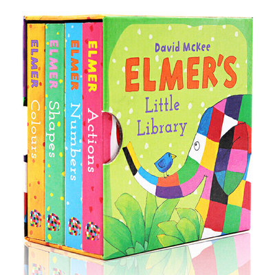 Elmer花格子大象艾玛的小小图书馆 英文原版绘本4册 Elmer’s Little Library 纸板手掌书 0-3岁 幼儿童英语启蒙入门