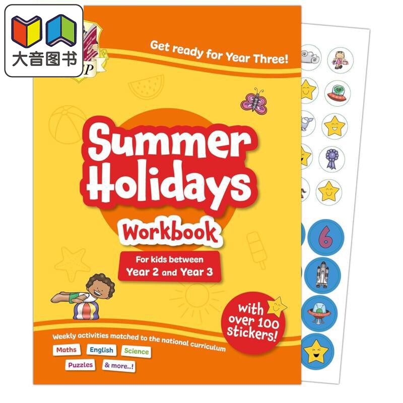 英国CGP原版 二年级至三年级 6-7岁暑假活动手册 含贴纸 英语数学 Summer Holidays Activity Workbook Year 2-3 大音