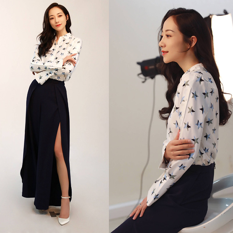 韩雪同款星星印花衬衫 深藏青蓝色高开衩飘逸春夏季长裤时尚套装
