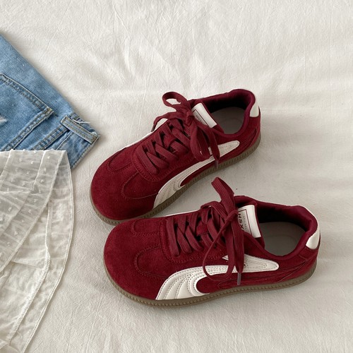 复古酒红色厚底德训板鞋阿甘鞋子