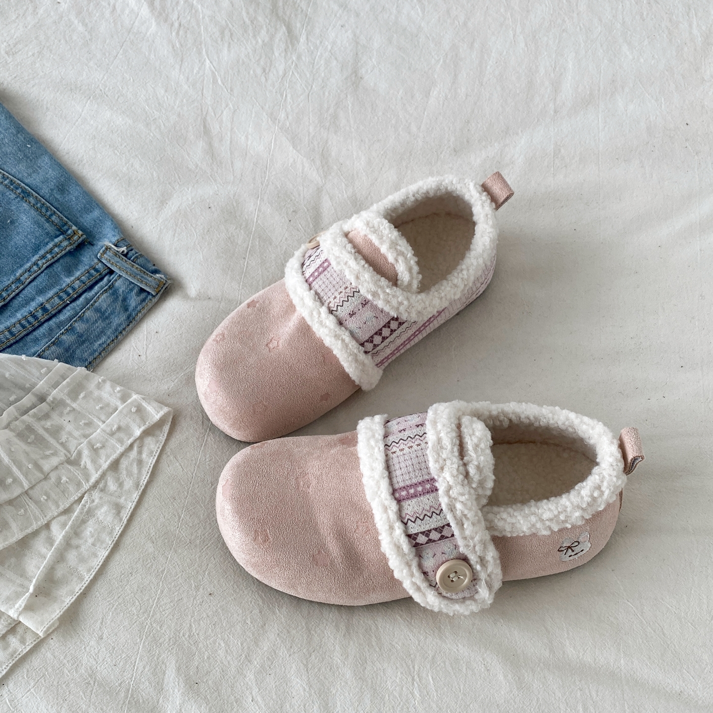 少女心粉色加绒勃肯鞋全包毛毛鞋