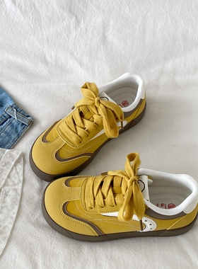 喜叔丑萌小众黄色德训鞋女2025新款秋季复古休闲运动鞋厚底板鞋子