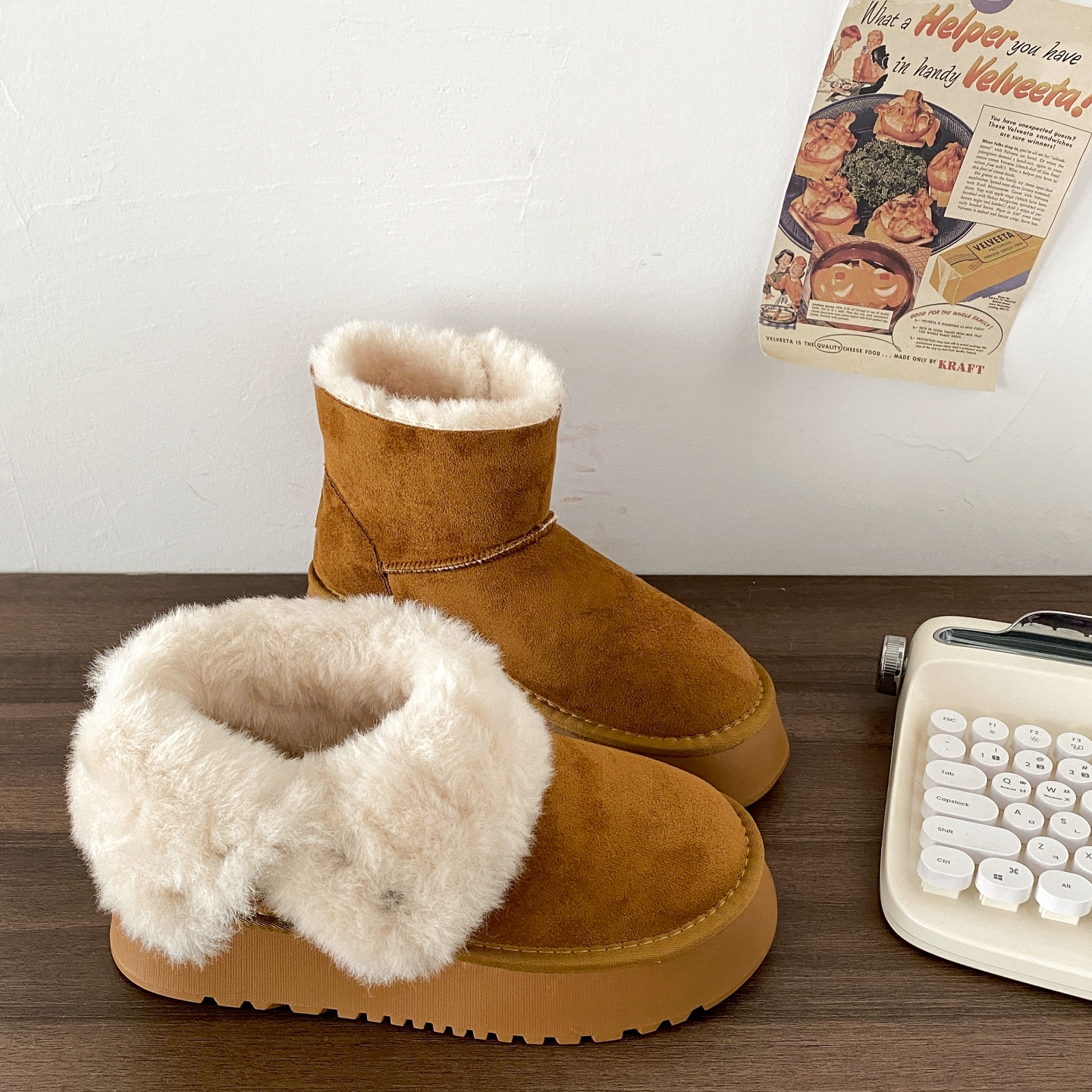 两穿厚底翻边雪地靴保暖防滑棉靴