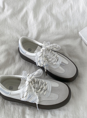 喜叔 复古丝带德训鞋女2025春季新款厚底板鞋韩系休闲运动小白鞋