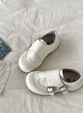 喜叔白色皮面全包勃肯鞋女2026春季新款百搭平底单鞋布洛克小皮鞋