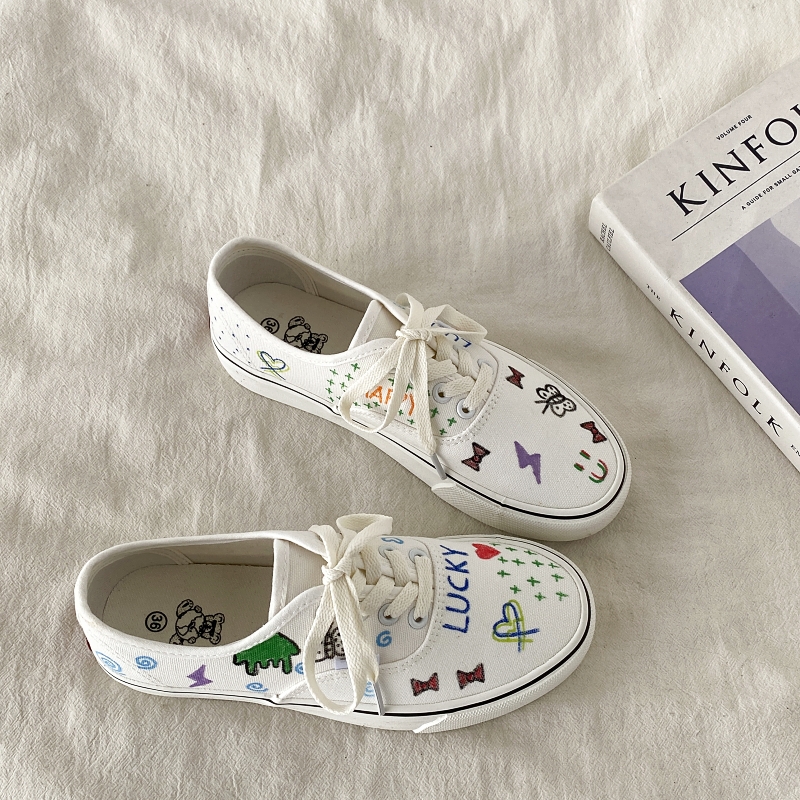 爆款可爱手绘涂鸦帆布鞋白色鞋子