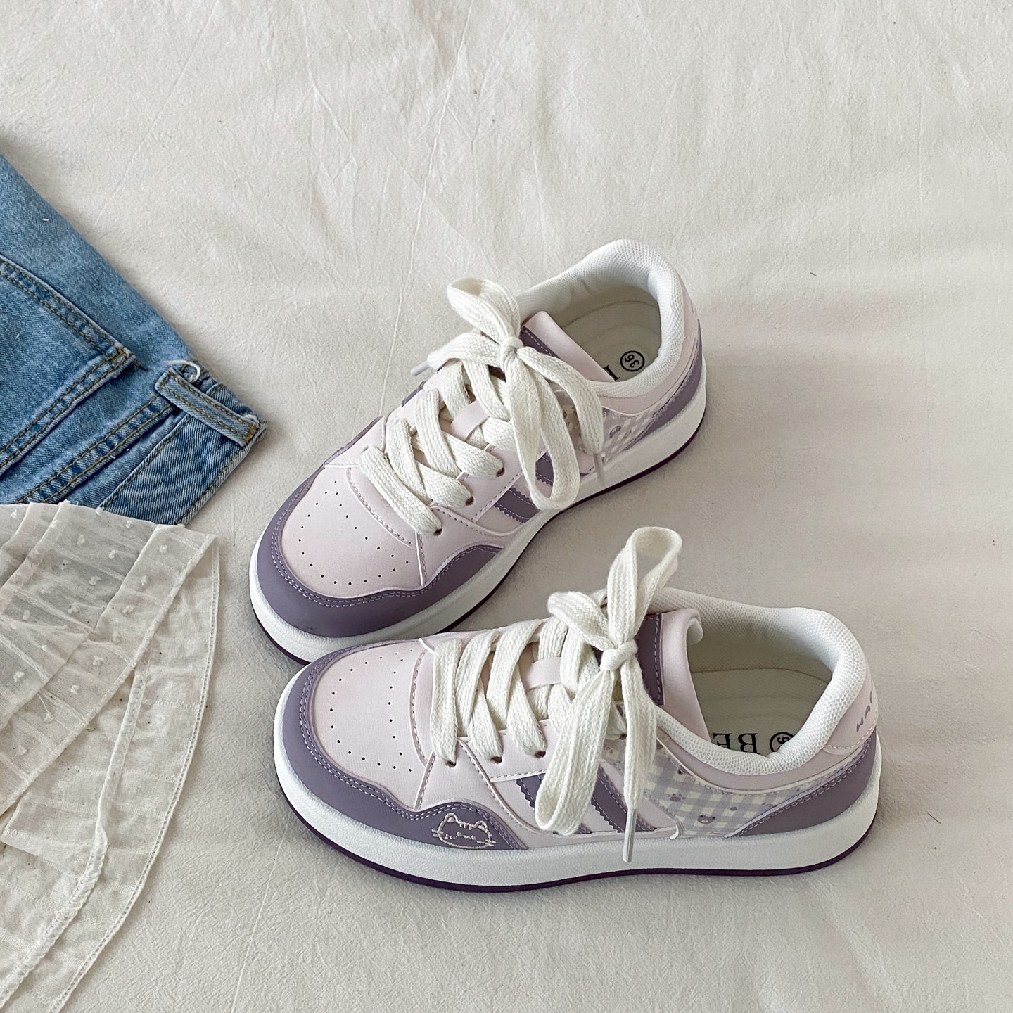喜叔 紫色小众KT猫板鞋女2025秋季新款厚底面包鞋韩版休闲小白鞋,女鞋,休闲板鞋,淘宝优惠券,粉丝福利购,淘宝优惠卷