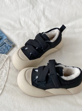 喜叔 黑色厚底魔术贴棉鞋女2025新款秋季保暖加绒板鞋休闲毛毛鞋