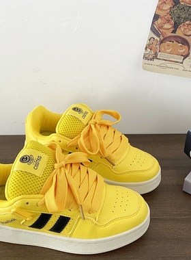 喜叔 黄色厚底面包鞋女ins潮2024新款秋季休闲透气板鞋学生运动鞋
