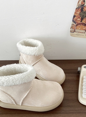 喜叔丑萌白色短筒雪地靴女2025冬季新款保暖加绒毛毛棉鞋勃肯短靴