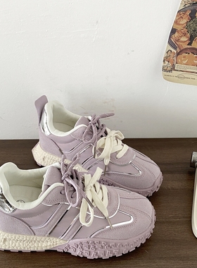 喜叔 紫色内增高厚底运动鞋女ins潮2025新款阿甘德训鞋休闲老爹鞋